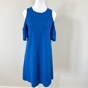 MILLY Sz Small Blue Stretch Crepe Cold Shoulder Ruffle Sleeve Mini Dress $450